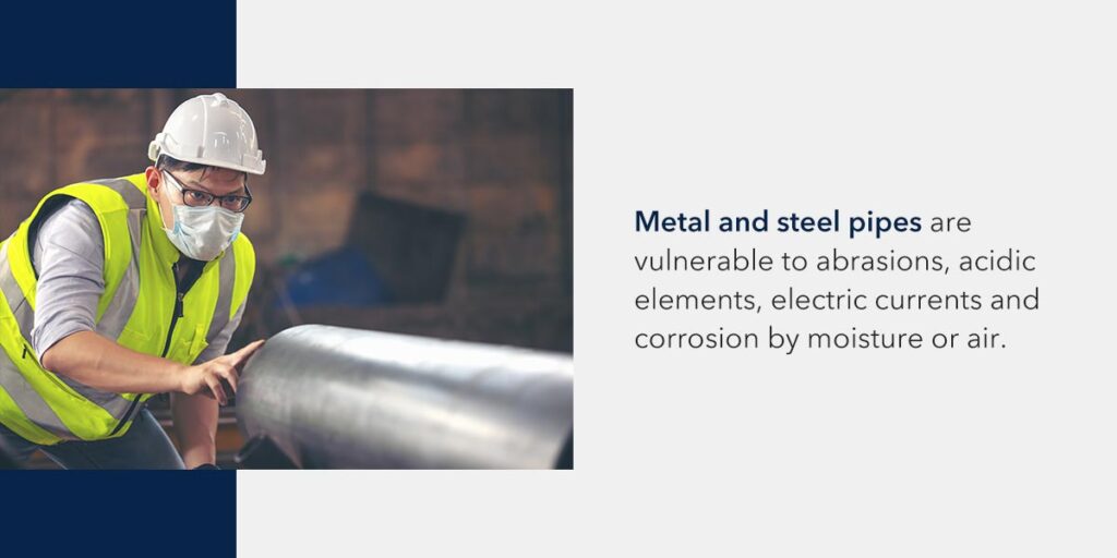 Worker inspecting external metal pipe coatings